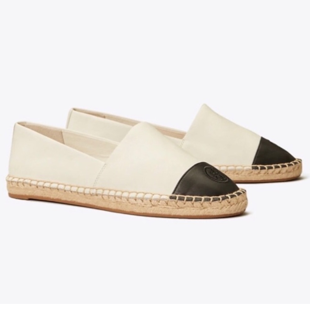 Like new Tory Burch White and Black Cap Toe Colorblock Espadrilles Flats - Picture 2 of 16